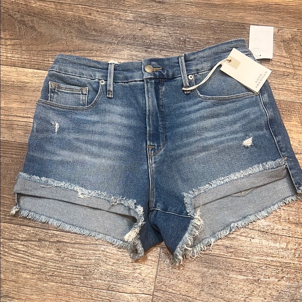 Good American Blue Jean Shorts Distressed Raw Hem